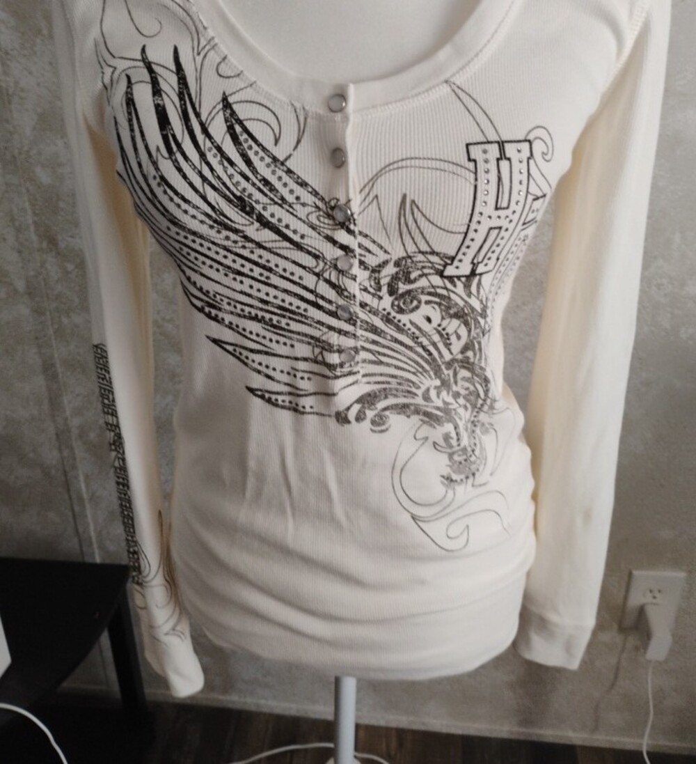 NWT Harley Davidson Long-Sleeve Cream Graphic Henley Top, Bikers/Size M - Picture 3 of 15